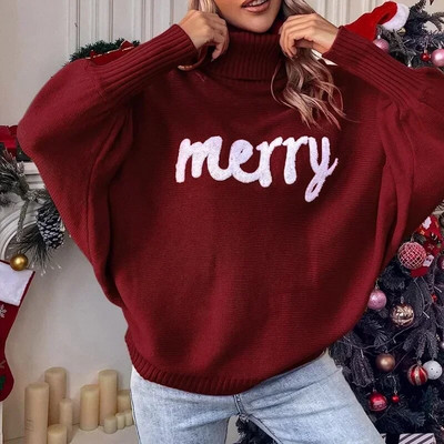 Božićni pleteni pulover za 2023. Ženski dolčevit šišmiš rukavi Veseli pulover Ženski modni novogodišnji crveni džemperi s vezom
