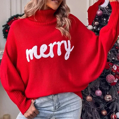 Božićni pleteni pulover za 2023. Ženski dolčevit šišmiš rukavi Veseli pulover Ženski modni novogodišnji crveni džemperi s vezom
