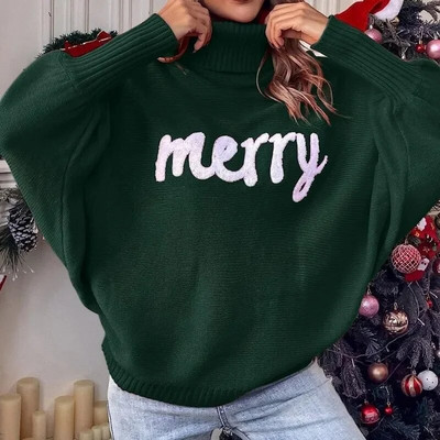 Božićni pleteni pulover za 2023. Ženski dolčevit šišmiš rukavi Veseli pulover Ženski modni novogodišnji crveni džemperi s vezom