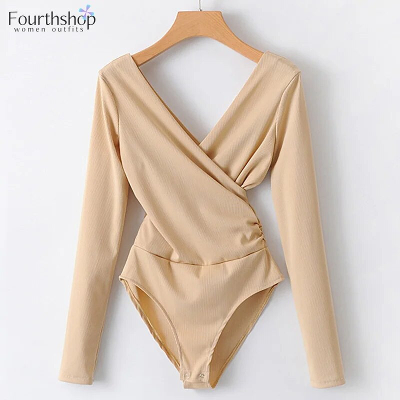 2022. Modni ženski bodi s dugim rukavima, seksi V-izrez Kombinezoni bez leđa Crveno bijele bluze i košulje Ženski kombinezoni Jesenski vrhovi