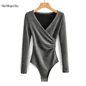 SheMujerSky Ženski svjetlucavi bodi dugih rukava Jednobojni uski elastični bodi s V-izrezom 2019. Ženski kombinezoni