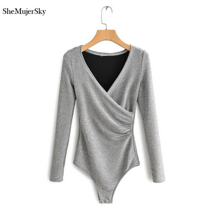 SheMujerSky Ženski svjetlucavi bodi dugih rukava Jednobojni uski elastični bodi s V-izrezom 2019. Ženski kombinezoni