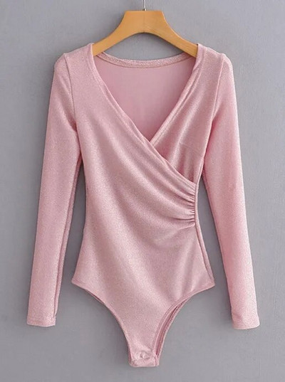 SheMujerSky Ženski svjetlucavi bodi dugih rukava Jednobojni uski elastični bodi s V-izrezom 2019. Ženski kombinezoni
