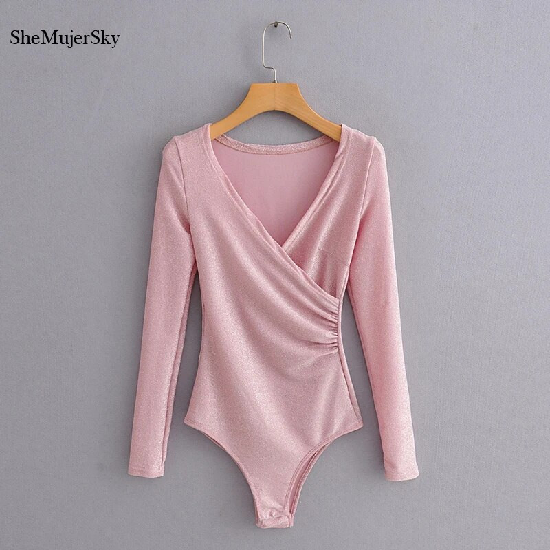SheMujerSky Ženski svjetlucavi bodi dugih rukava Jednobojni uski elastični bodi s V-izrezom 2019. Ženski kombinezoni