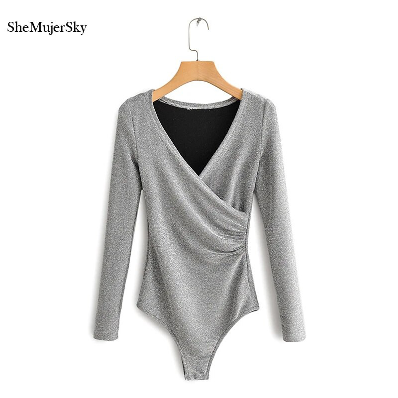 SheMujerSky Ženski svjetlucavi bodi dugih rukava Jednobojni uski elastični bodi s V-izrezom 2019. Ženski kombinezoni