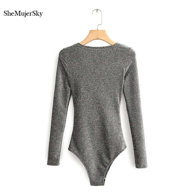 SheMujerSky Ženski svjetlucavi bodi dugih rukava Jednobojni uski elastični bodi s V-izrezom 2019. Ženski kombinezoni