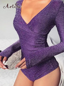 Artsu atstarojošs krustu bodijs sievietēm, seksīgs, garām piedurknēm ar V veida kakla izgriezumu, pavasara modes topi Bodycon Party Club Solid Body Suit ASJU70153