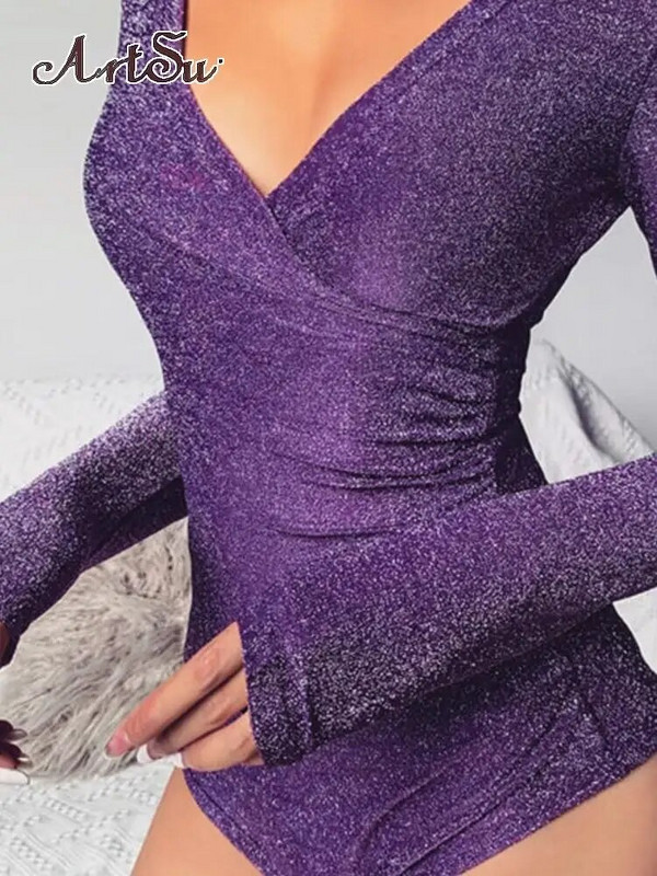 Artsu atstarojošs krustu bodijs sievietēm, seksīgs, garām piedurknēm ar V veida kakla izgriezumu, pavasara modes topi Bodycon Party Club Solid Body Suit ASJU70153