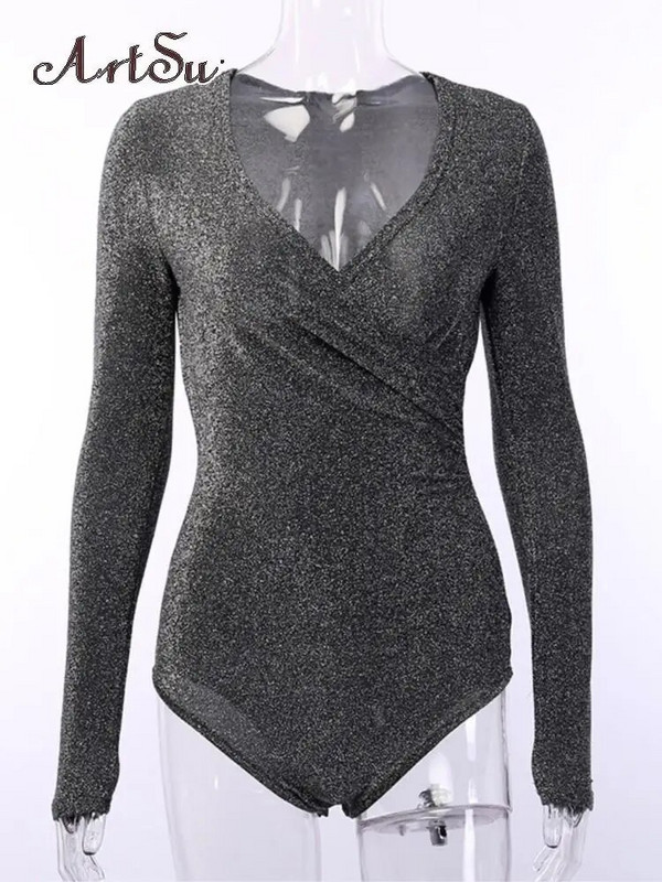 Artsu atstarojošs krustu bodijs sievietēm, seksīgs, garām piedurknēm ar V veida kakla izgriezumu, pavasara modes topi Bodycon Party Club Solid Body Suit ASJU70153