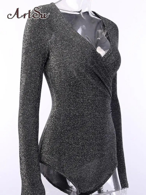 Artsu atstarojošs krustu bodijs sievietēm, seksīgs, garām piedurknēm ar V veida kakla izgriezumu, pavasara modes topi Bodycon Party Club Solid Body Suit ASJU70153