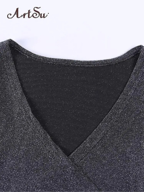 Artsu atstarojošs krustu bodijs sievietēm, seksīgs, garām piedurknēm ar V veida kakla izgriezumu, pavasara modes topi Bodycon Party Club Solid Body Suit ASJU70153