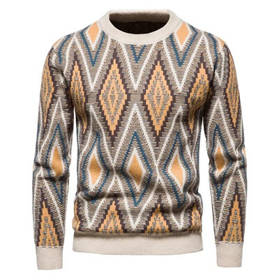 Jauns Ziemassvētku vīriešu ikdienas džemperis ar apaļu kakla izgriezumu rombs žakarda pulovers ar garām piedurknēm trikotāžas džemperis