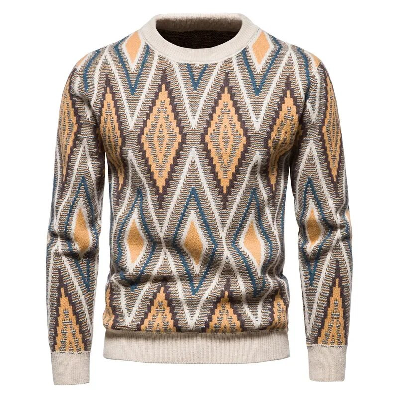 Jauns Ziemassvētku vīriešu ikdienas džemperis ar apaļu kakla izgriezumu rombs žakarda pulovers ar garām piedurknēm trikotāžas džemperis