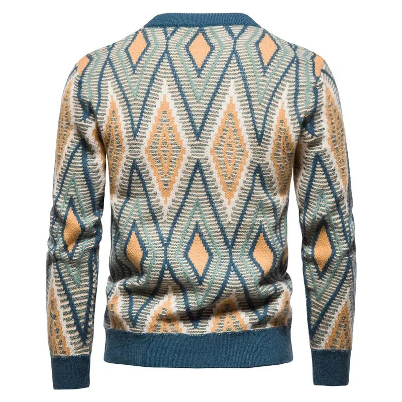 Jauns Ziemassvētku vīriešu ikdienas džemperis ar apaļu kakla izgriezumu rombs žakarda pulovers ar garām piedurknēm trikotāžas džemperis
