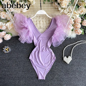 Ženske ljetne, tanke elastične hlače, korejski kombinezon s laticama s V izrezom, modni ležerni jednobojni ulični bodi