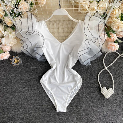 Ženske ljetne, tanke elastične hlače, korejski kombinezon s laticama s V izrezom, modni ležerni jednobojni ulični bodi