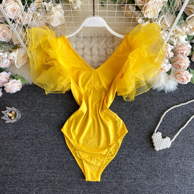 Ženske ljetne, tanke elastične hlače, korejski kombinezon s laticama s V izrezom, modni ležerni jednobojni ulični bodi