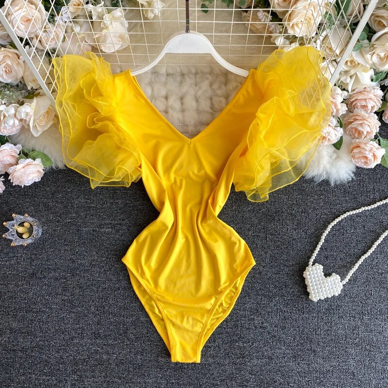 Ženske ljetne, tanke elastične hlače, korejski kombinezon s laticama s V izrezom, modni ležerni jednobojni ulični bodi