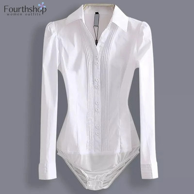 2023 Модно боди с дълъг ръкав Дамска риза по тялото Офис дамски работни униформи Пролетни бели блузи и горнища Тънки есенни дрехи