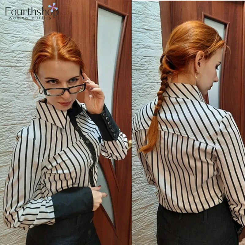 Modni prugasti bodi Žene Uredske dame Radne bodi majice dugih rukava Elegantne majice i bluze Ženska odjeća 2021.
