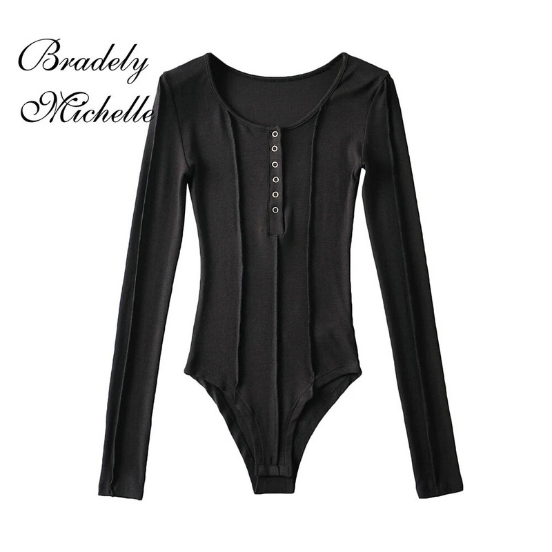 Proljetno-jesenske ženske hlače s dugim rukavima i okruglim izrezom Ležerni pleteni rastezljivi uski bodi