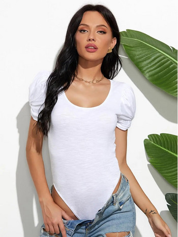 Κοντομάνικο ολόσωμο ολόσωμο μπλουζάκια μπλουζάκια Βασικό σώμα Γυναικείο Fashio Σέξι Χαμηλό O λαιμό Puff μανίκι φιόγκο Skinny Stretch εσώρουχα