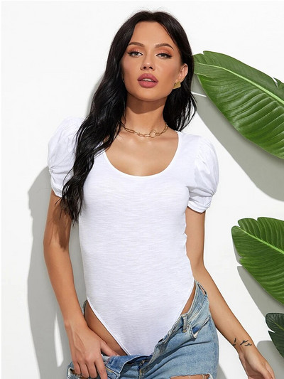 Bodijs ar īsām piedurknēm Kombinezons Topi T-krekli Basic Body Sievietēm Mode Sexy Low O Neck Puff piedurknēm Bow Skinny Stretch Apakšveļa