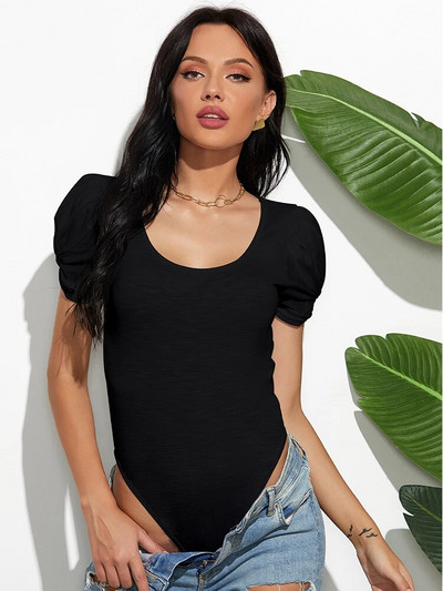 Bodijs ar īsām piedurknēm Kombinezons Topi T-krekli Basic Body Sievietēm Mode Sexy Low O Neck Puff piedurknēm Bow Skinny Stretch Apakšveļa