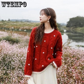 WTEMPO női hosszú ujjú karácsonyi pulóver Dot puha koreai divat, nyakú pulóver őszi téli kötöttáru