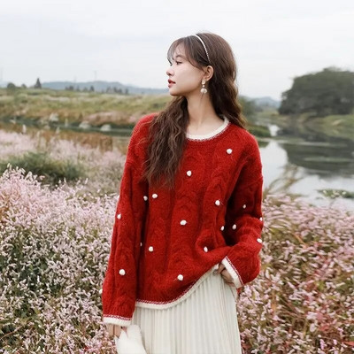 WTEMPO női hosszú ujjú karácsonyi pulóver Dot puha koreai divat, nyakú pulóver őszi téli kötöttáru