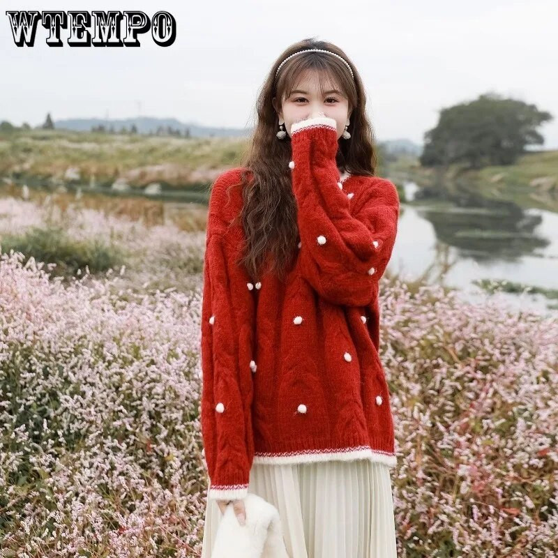WTEMPO női hosszú ujjú karácsonyi pulóver Dot puha koreai divat, nyakú pulóver őszi téli kötöttáru
