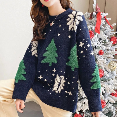 DIHOPE Jesen Zima Božićni pleteni spojeni vintage džemperi Korejski labavi modni džemperi s okruglim izrezom dugih rukava