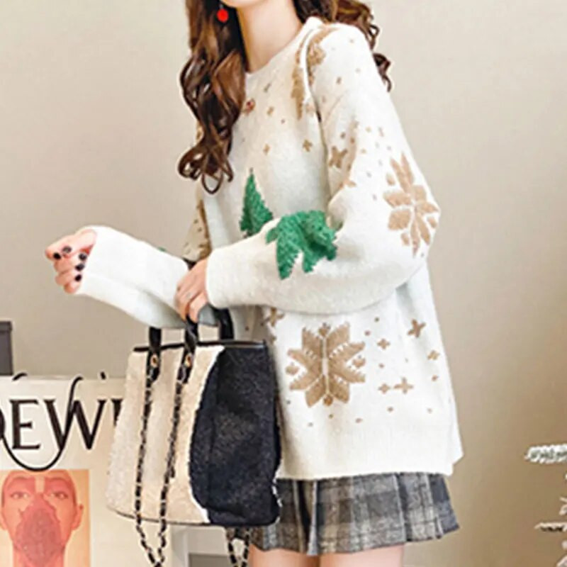 DIHOPE Jesen Zima Božićni pleteni spojeni vintage džemperi Korejski labavi modni džemperi s okruglim izrezom dugih rukava