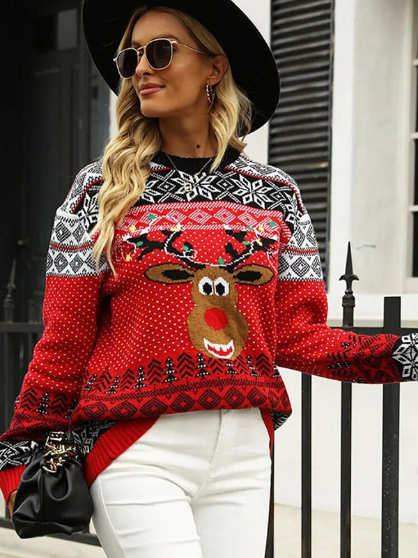 Elegantni božićni ženski pulover Modni pleteni top dugih rukava Ležerni puloveri s O izrezom Jesen Zima Novo u pletivi 2023.
