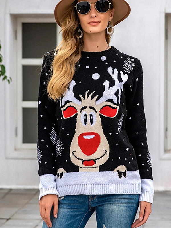 Božićni ženski pulover Modni pleteni topovi dugih rukava Široki crni puloveri s O izrezom Jesen Zima Novo u pletivi 2023.
