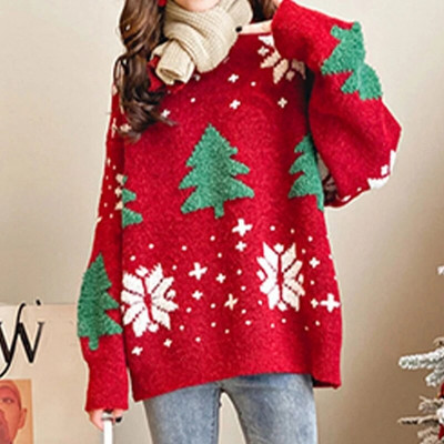 Коледен червен дамски пуловер Есенно-зимен плетен пуловер Свободен корейски моден дълъг ръкав Топли плетени ежедневни коледни джъмпери