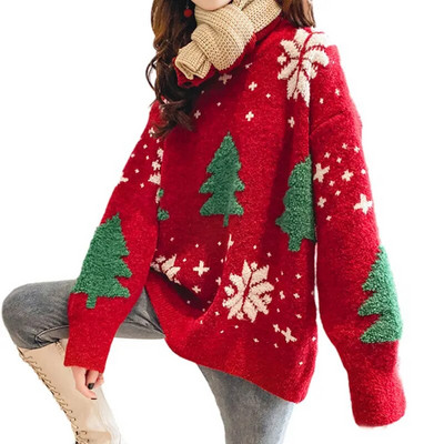 Božićni crveni ženski džemper Jesenski zimski pleteni pulover Široki korejski modni topli pleteni ležerni božićni džemper dugih rukava