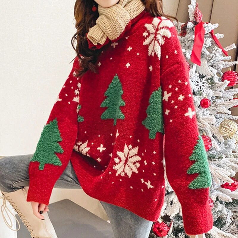 Božićni crveni ženski džemper Jesenski zimski pleteni pulover Široki korejski modni topli pleteni ležerni božićni džemper dugih rukava