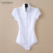 Elegáns női body, rövid ujjú, fehér színű ráncfelvarrás Design blúzok és felsők Irodai női munkaruha formális ing Női
