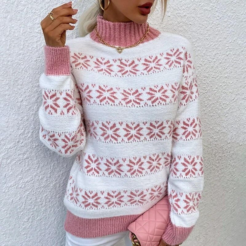 Božićni džemperi za žene Zima 2023. Lagani ovratnik Punih rukava Mekani široki džemper od žakard tople deblje pletene božićne pulovere