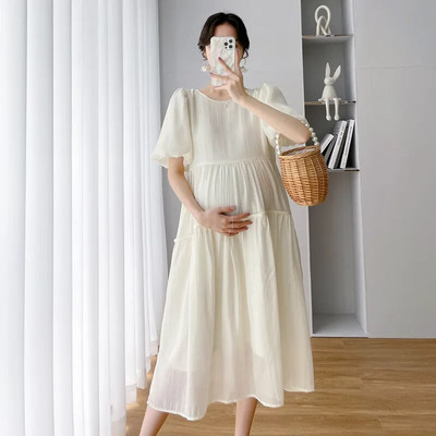 Korejske šifonske haljine za trudnice Ljetna odjeća za trudnice Ležerne jednobojne haljine s puf rukavima s O-izrezom Elegantne trudničke haljine