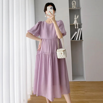 Korejske šifonske haljine za trudnice Ljetna odjeća za trudnice Ležerne jednobojne haljine s puf rukavima s O-izrezom Elegantne trudničke haljine