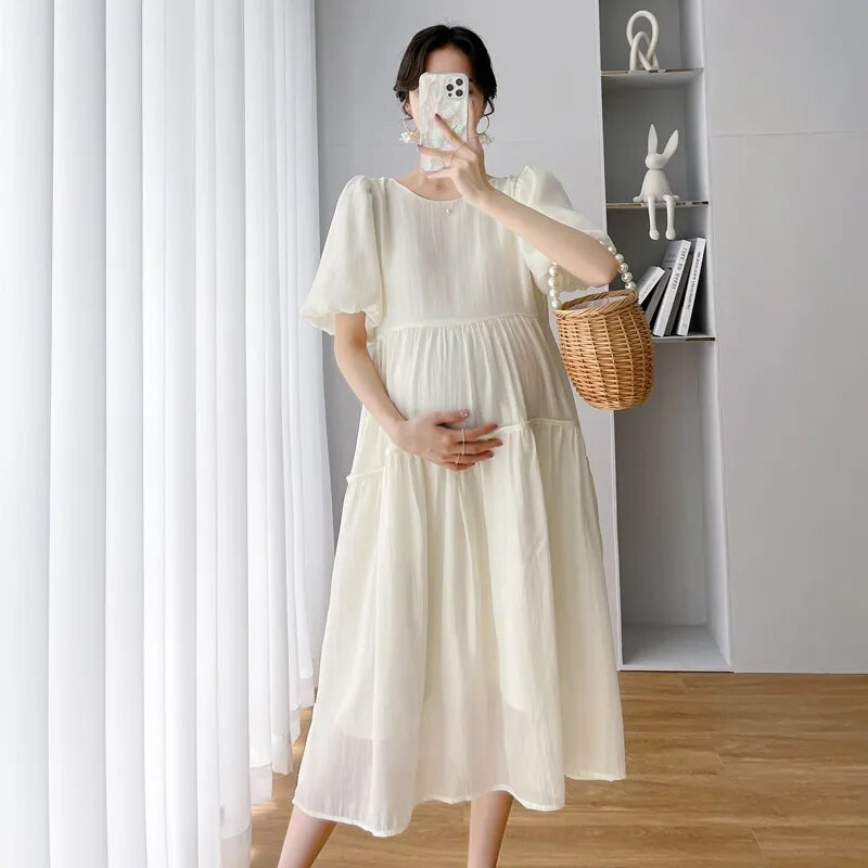 Korejske šifonske haljine za trudnice Ljetna odjeća za trudnice Ležerne jednobojne haljine s puf rukavima s O-izrezom Elegantne trudničke haljine