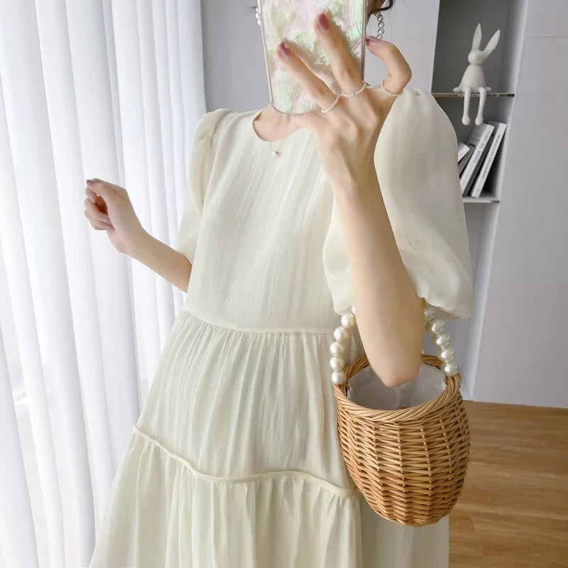 Korejske šifonske haljine za trudnice Ljetna odjeća za trudnice Ležerne jednobojne haljine s puf rukavima s O-izrezom Elegantne trudničke haljine