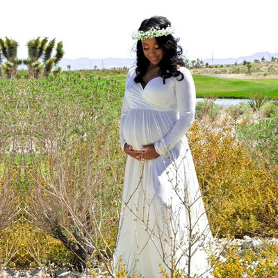 Rekviziti za trudničke fotografije Trudnička haljina s V-izrezom s otvorenim ramenima i dugim rukavima za fotografiranje Maxi Baby Shower haljina u obliku sirene