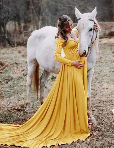 Rekviziti za trudničke fotografije Trudnička haljina s V-izrezom s otvorenim ramenima i dugim rukavima za fotografiranje Maxi Baby Shower haljina u obliku sirene