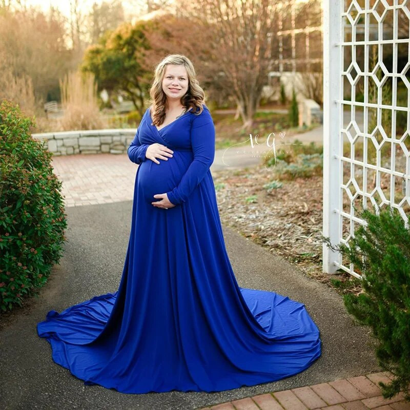 Rekviziti za trudničke fotografije Trudnička haljina s V-izrezom s otvorenim ramenima i dugim rukavima za fotografiranje Maxi Baby Shower haljina u obliku sirene