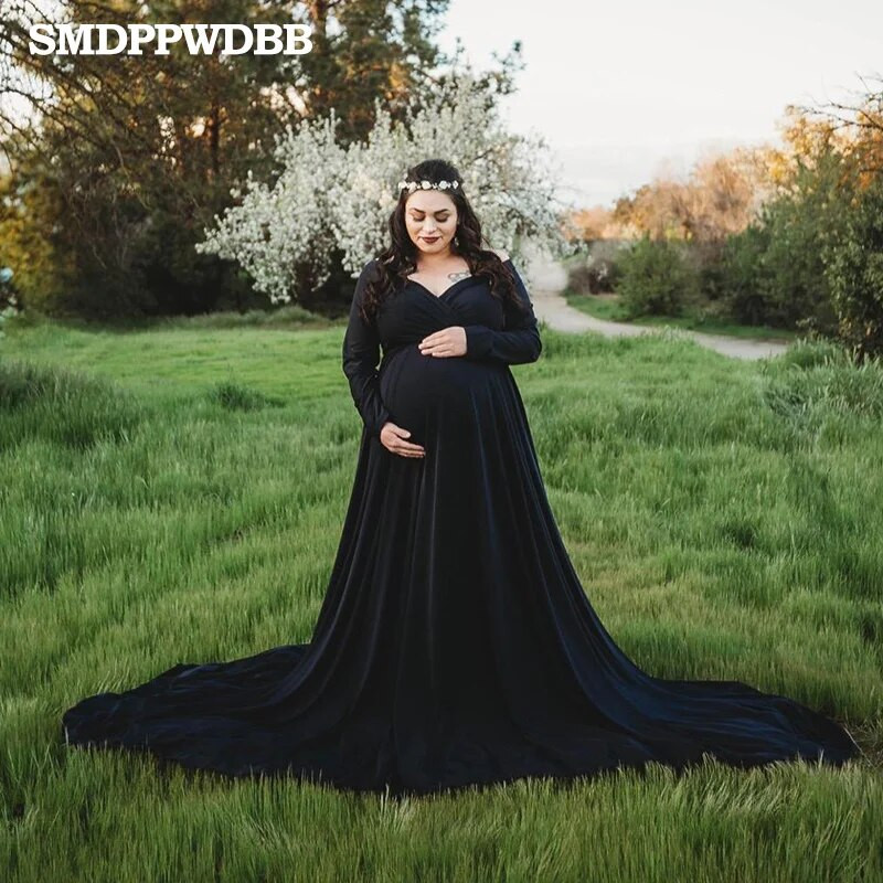 Rekviziti za trudničke fotografije Trudnička haljina s V-izrezom s otvorenim ramenima i dugim rukavima za fotografiranje Maxi Baby Shower haljina u obliku sirene