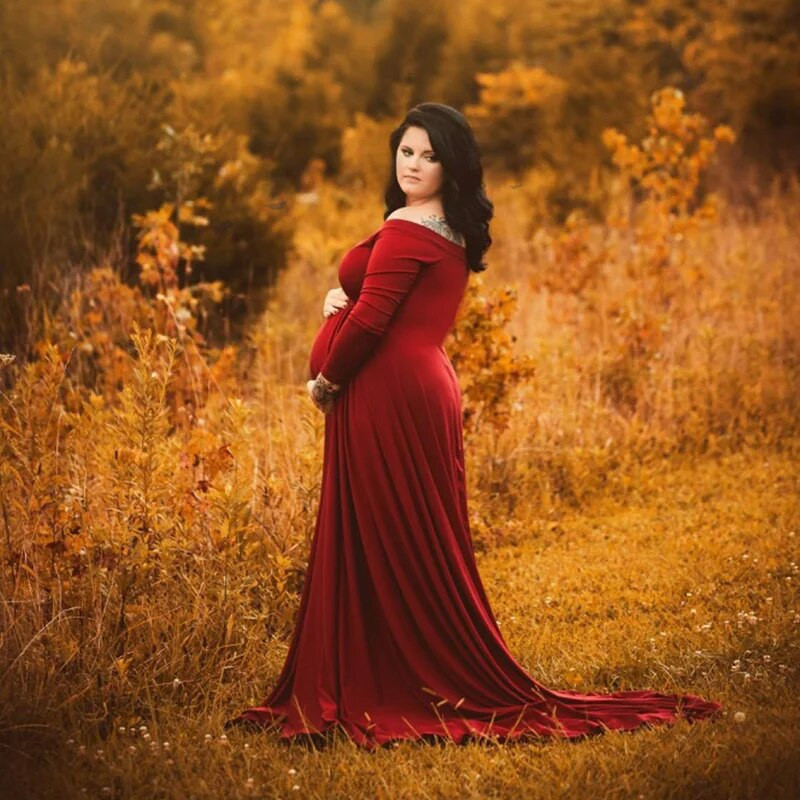 Rekviziti za trudničke fotografije Trudnička haljina s V-izrezom s otvorenim ramenima i dugim rukavima za fotografiranje Maxi Baby Shower haljina u obliku sirene