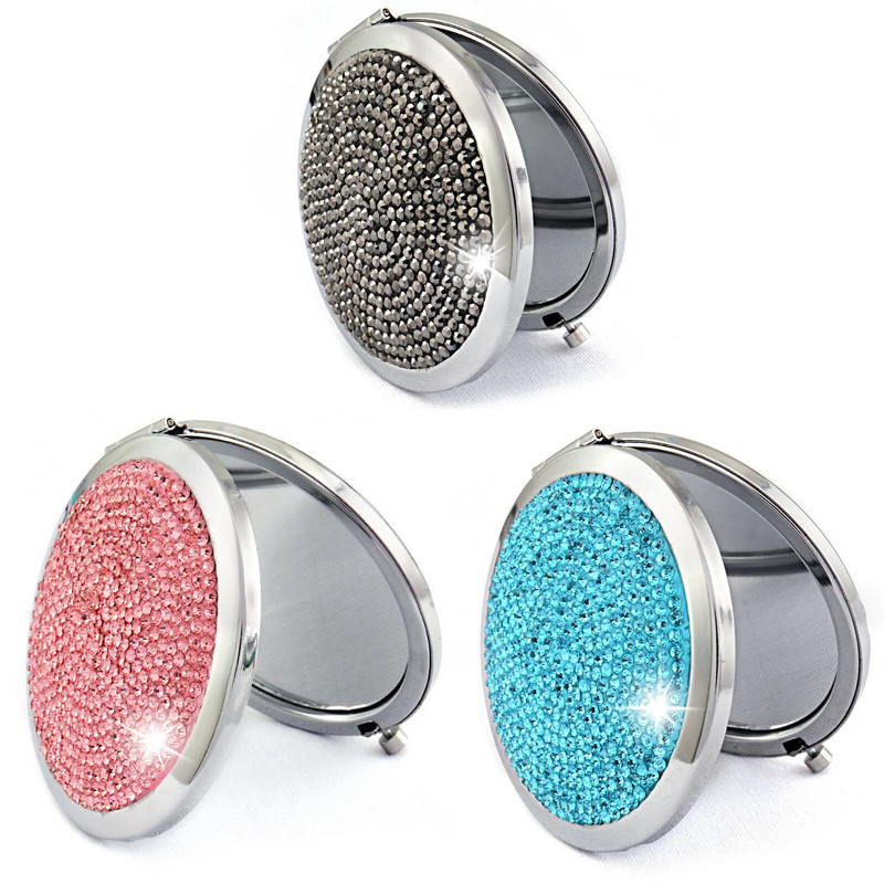 Spīdīgs dimanta kosmētikas spogulis, pārnēsājams abpusējs, salokāms kabatas kosmētikas spogulis sievietēm, meitenēm HD 2X tualetes spogulis grima rīki